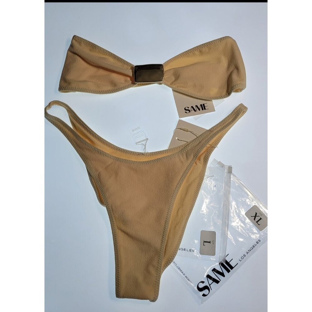 SAME Los Angeles Bikini Set XL/L Faux Suede Beige Bandeau Top High Leg Bottom NW